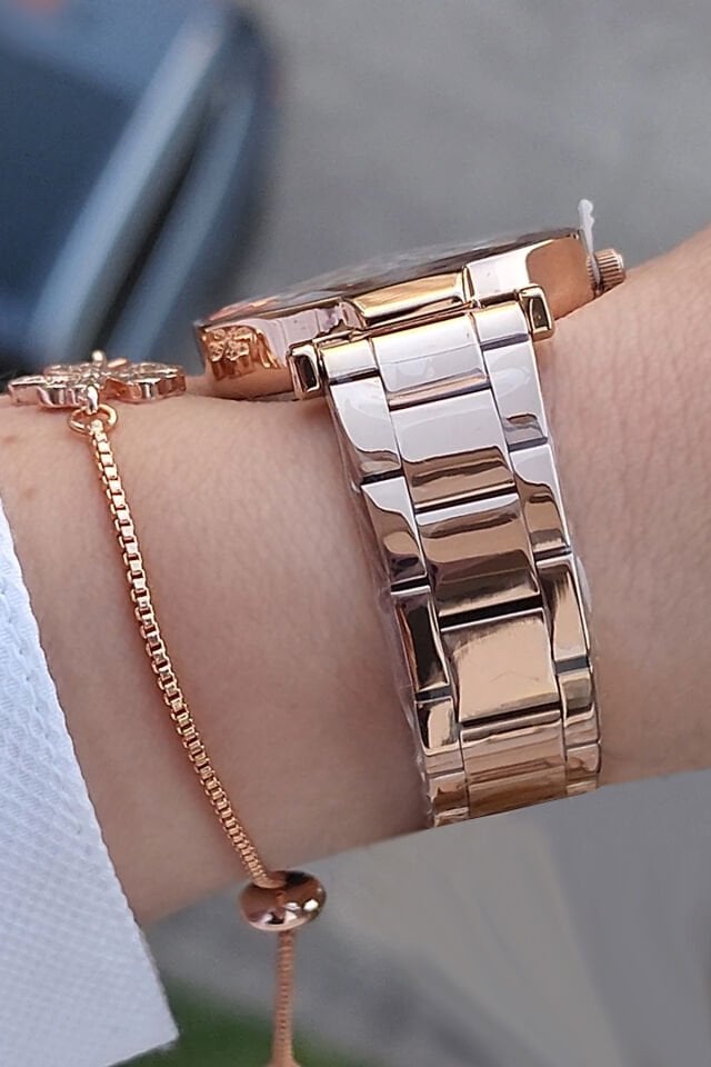 Kesme Camlı 33 mm Rose Gold Şık Kadın Kol Saati, Zirkon Taşlı Bileklik Hediyeli