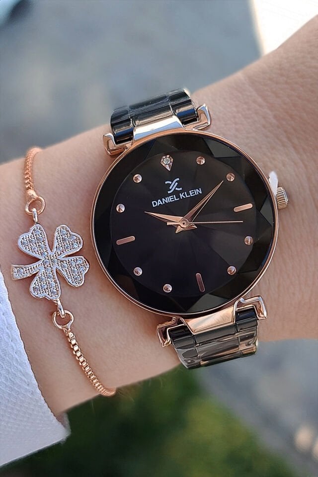 Kesme Camlı 33 mm Siyah Şık Kadın Kol Saati, Zirkon Taşlı Bileklik Hediyeli