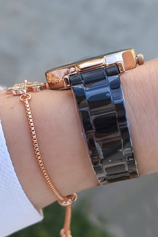 Kesme Camlı 33 mm Siyah Şık Kadın Kol Saati, Zirkon Taşlı Bileklik Hediyeli