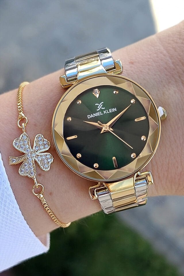 Kesme Camlı 33 mm Altın/Metalik Yeşil Kadran Şık Kadın Kol Saati, Zirkon Taşlı Bileklik Hediyeli