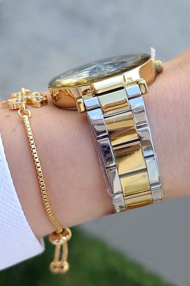 Kesme Camlı 33 mm Altın/Metalik Yeşil Kadran Şık Kadın Kol Saati, Zirkon Taşlı Bileklik Hediyeli