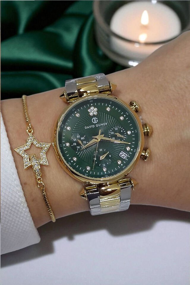 Tüm Fonksiyonları Aktif, Takvimli, Taşlı Çelik Bilezik Altın/Metalik Kadın Kol Saati Bileklik Hediye