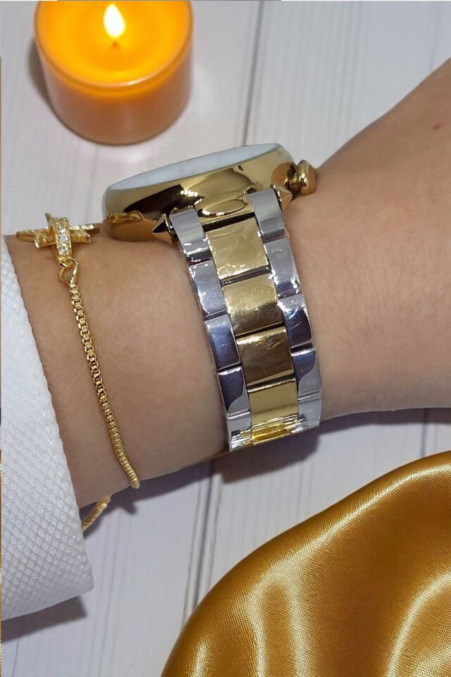 Tüm Fonksiyonları Aktif, Takvimli, Taşlı Çelik Bilezik Altın/Metalik Kadın Kol Saati Bileklik Hediye