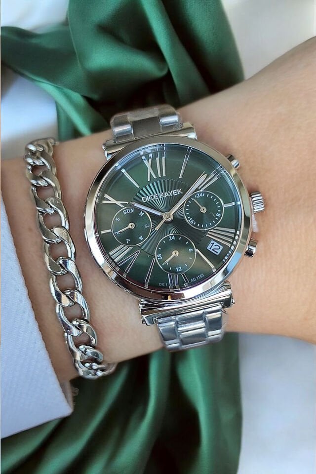 Tüm Fonksiyonları Aktif Takvimli 5ATM Su Geçirmez Yeşil Kadran Çelik Kadın Kol Saati Bileklik Hediye