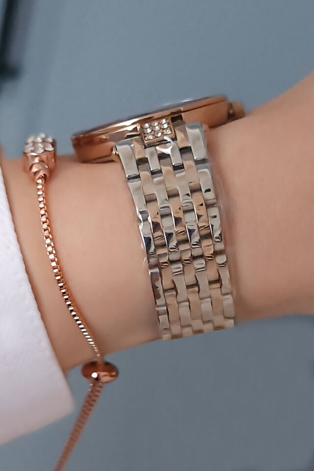 Yeni Model Kesme Camlı Çelik Bilezik Rose/Metalik Kadın Kol Saati - Zirkon Taşlı Bileklik Hediyeli