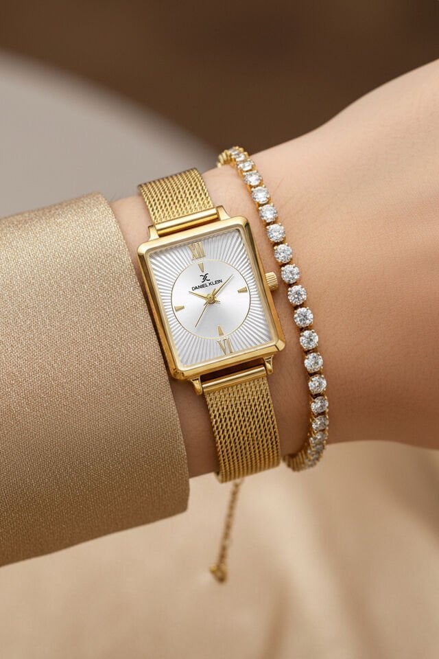 Altın Sarısı Hasır Çelik Bilezik 23 mm Dikdörtgen Kadın Kol Saati, Taşlı Bileklik Hediyeli