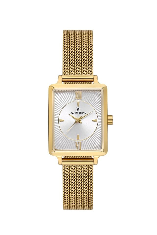 Altın Sarısı Hasır Çelik Bilezik 23 mm Dikdörtgen Kadın Kol Saati, Taşlı Bileklik Hediyeli