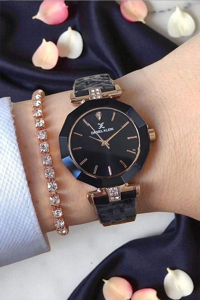 30 mm Kesme Camlı, Taşlı, 3 ATM Su Geçirmez Rose/Siyah Kadın Kol Saati, Taşlı Bileklik Hediyeli