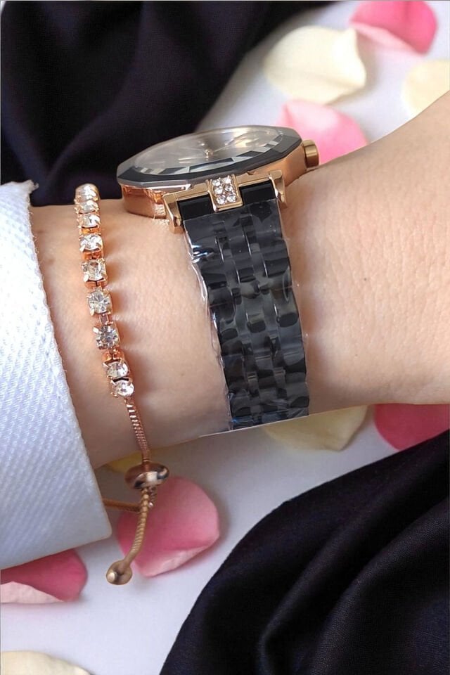 30 mm Kesme Camlı, Taşlı, 3 ATM Su Geçirmez Rose/Siyah Kadın Kol Saati, Taşlı Bileklik Hediyeli