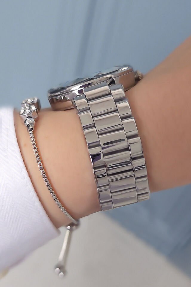 Kesme Camlı Çelik Bilezik Metalik Kadın Kol Saati - Zirkon Taşlı Bileklik Hediyeli