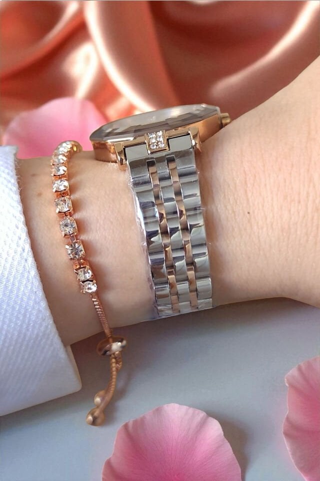 30 mm Kesme Camlı, Taşlı, 3 ATM Su Geçirmez Rose/Metalik Kadın Kol Saati, Taşlı Bileklik Hediyeli