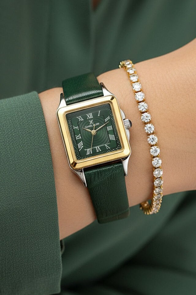 Daniel Klein Yeşil Deri Kayışlı Kadın Kol Saati, Zirkon Taşlı Bileklik Hediyeli