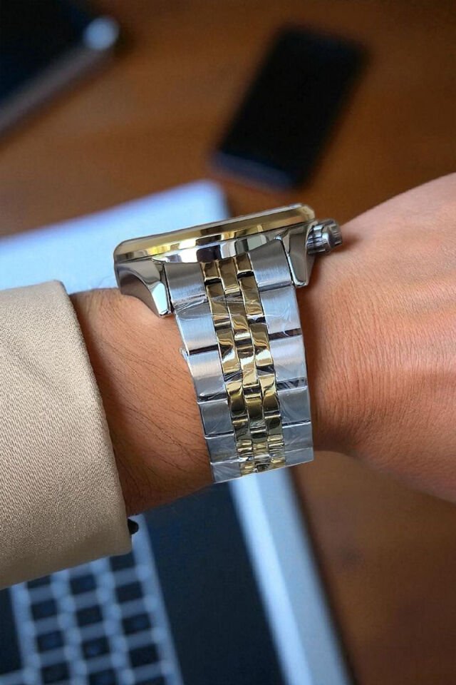 Exclusive Tüm Fonksiyonları Aktif, Takvimli, Çelik Bilezik Altın/Metalik Erkek Kol Saati