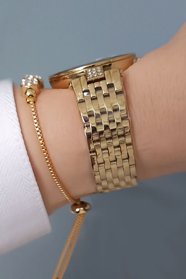 Yeni Model Kesme Camlı Çelik Bilezik Altın Sarısı Kadın Kol Saati - Zirkon Taşlı Bileklik Hediyeli