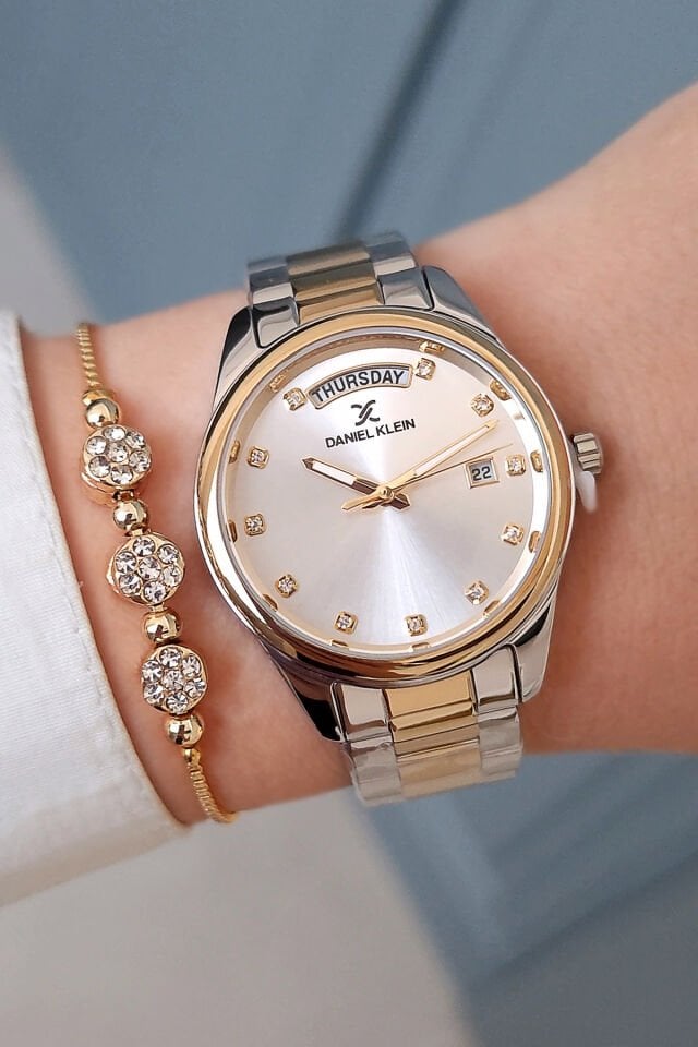 Taşlı, Takvimli, Çelik Bilezik 34 mm Altın/Metalik Kadın Kol Saati, Taşlı Bileklik Hediyeli