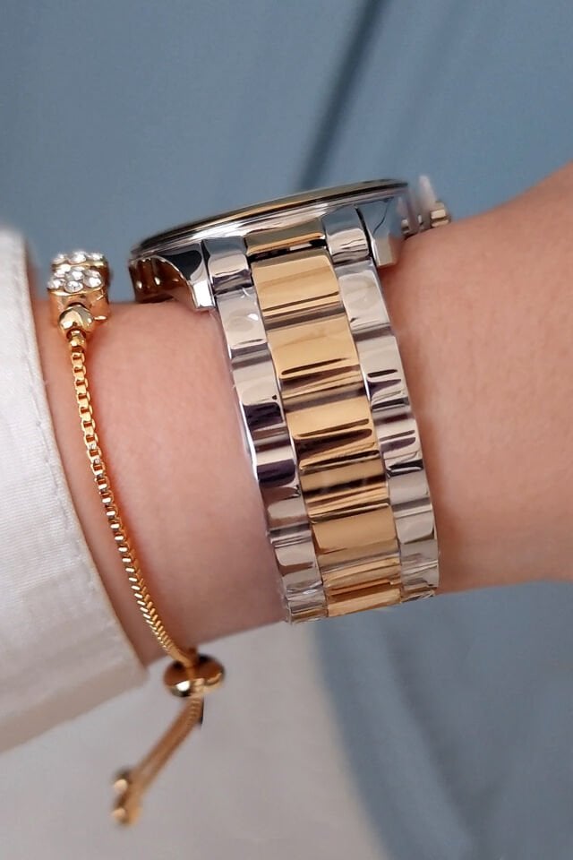 Taşlı, Takvimli, Çelik Bilezik 34 mm Altın/Metalik Kadın Kol Saati, Taşlı Bileklik Hediyeli