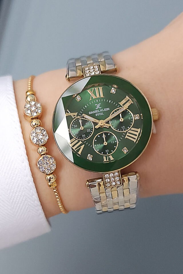 Yeni Model Kesme Camlı Çelik Bilezik Yeşil Kadran Kadın Kol Saati - Zirkon Taşlı Bileklik Hediyeli