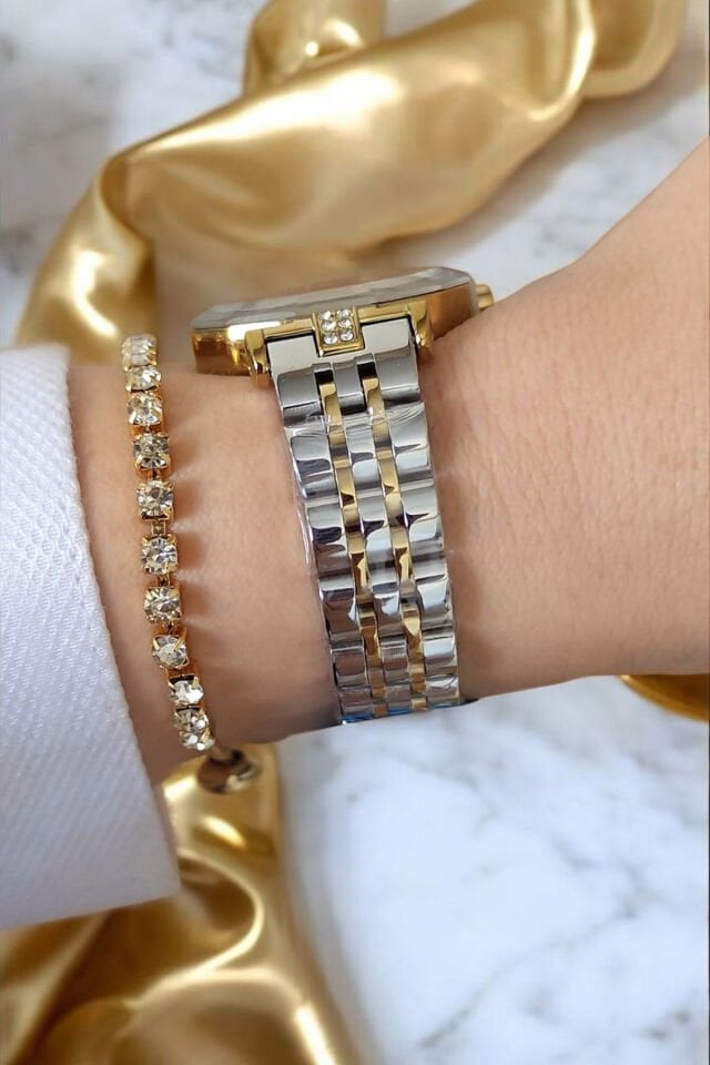 30 mm Kesme Camlı, Taşlı, 3 ATM Su Geçirmez Altın/Metalik Kadın Kol Saati, Taşlı Bileklik Hediyeli