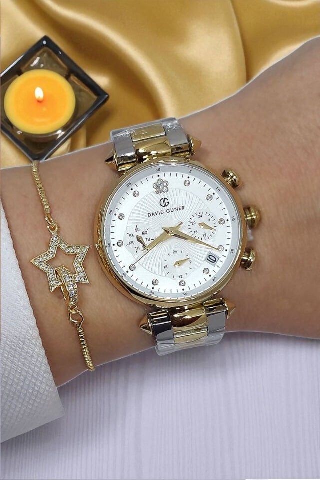 Tüm Fonksiyonları Aktif, Takvimli, Taşlı Çelik Bilezik Altın/Metalik Kadın Kol Saati Bileklik Hediye