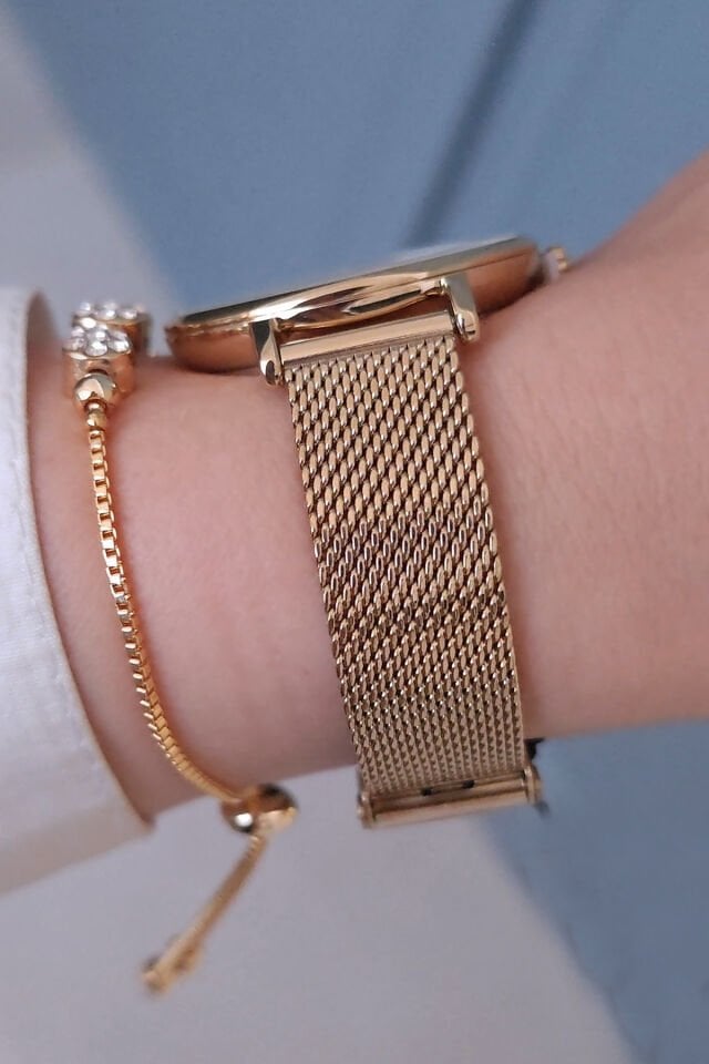 3ATM Su Geçirmez 35 mm Altın Sarısı Hasır Çelik Bilezik Kadın Kol Saati, Taşlı Bileklik Hediyeli