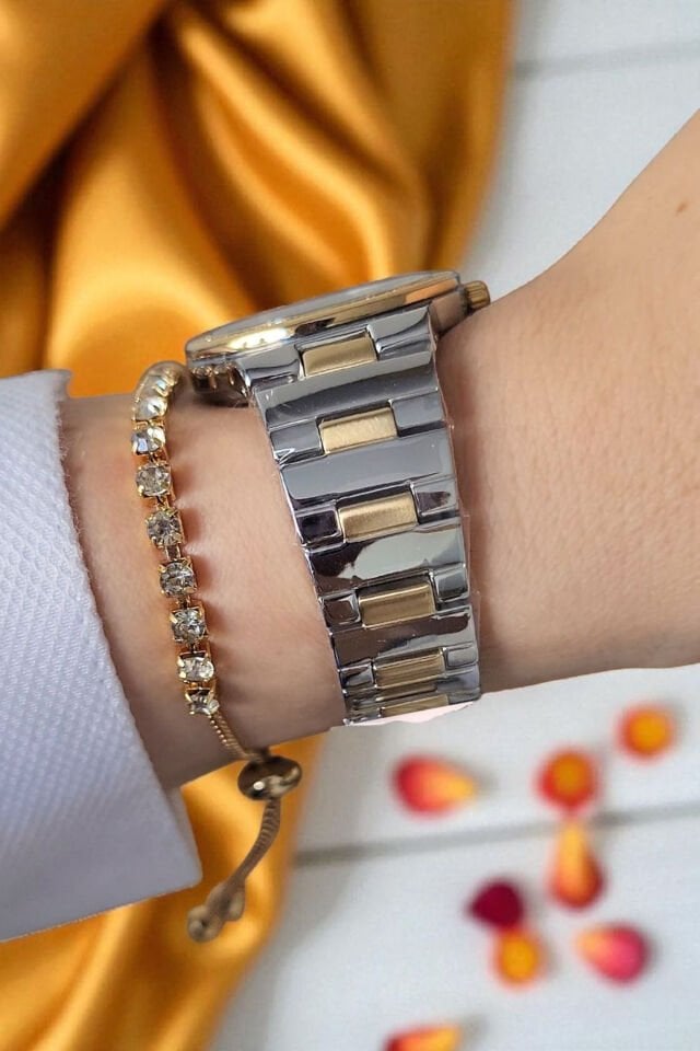 31 mm, Taşlı, Çelik Kordon Altın Sarısı/Metalik Yeşil Kadran Kadın Kol Saati Taşlı Bileklik Hediyeli