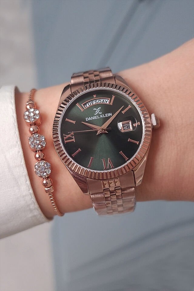 Yeni Model Jübile Bilezikli Takvimli Rose Gold Yeşil Kadran Kadın Kol Saati, Taşlı Bileklik Hediyeli