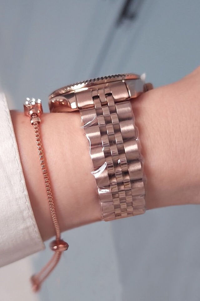 Yeni Model Jübile Bilezikli Takvimli Rose Gold Yeşil Kadran Kadın Kol Saati, Taşlı Bileklik Hediyeli