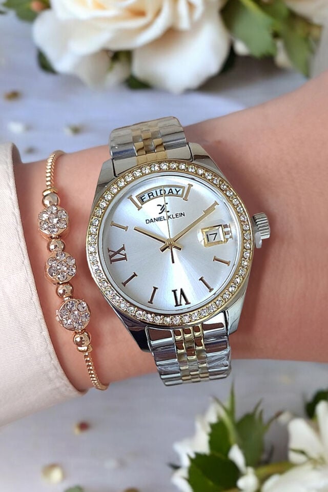 33 mm Jübile Bilezik Altın/Metalik Takvimli Kadın Kol Saati, Taşlı Bileklik Hediyeli