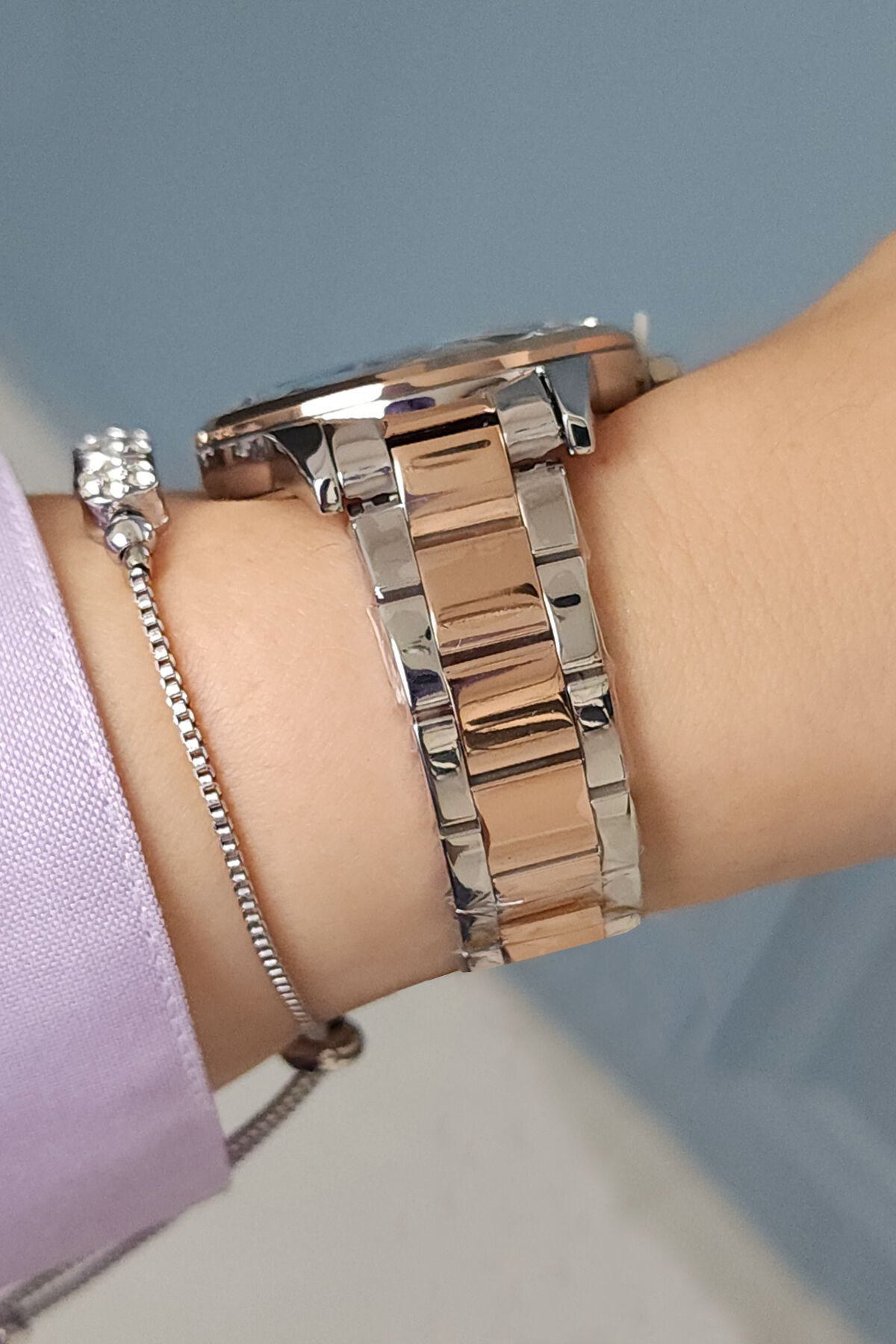 Rose Gold/Metalik Renkli Taşlı Yeşil Kadranlı Kadın Kol Saati + Zirkon Taşlı Bileklik