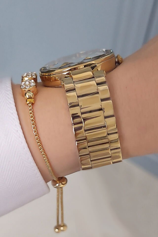 Kesme Camlı Çelik Bilezik Altın Sarısı Yeşil Kadran Kadın Kol Saati - Zirkon Taşlı Bileklik Hediyeli