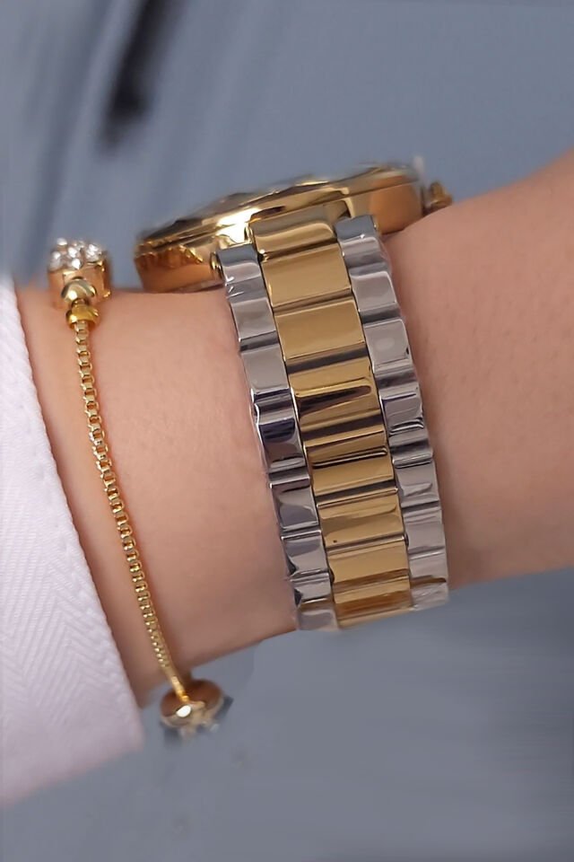 Kesme Camlı Çelik Bilezik Altın/Metalik Kadın Kol Saati - Zirkon Taşlı Bileklik Hediyeli