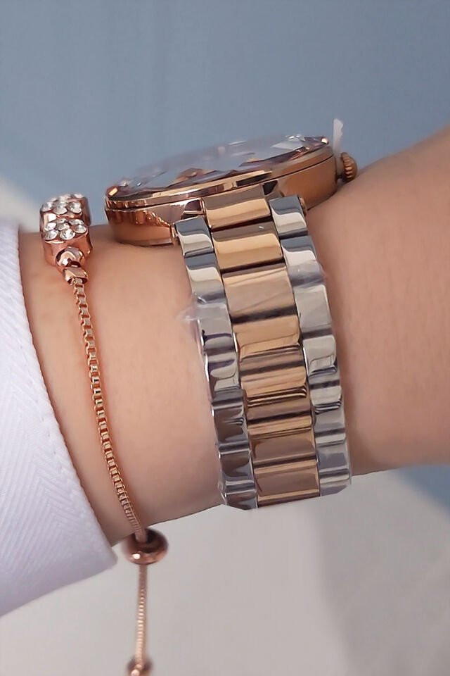 Kesme Camlı Çelik Bilezik Rose Gold/Metalik Kadın Kol Saati - Zirkon Taşlı Bileklik Hediyeli