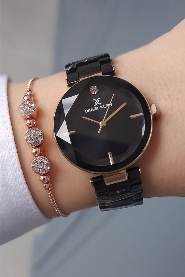 Kesme Camlı Çelik Bilezik Siyah/Rose Gold Kadın Kol Saati - Zirkon Taşlı Bileklik Hediyeli