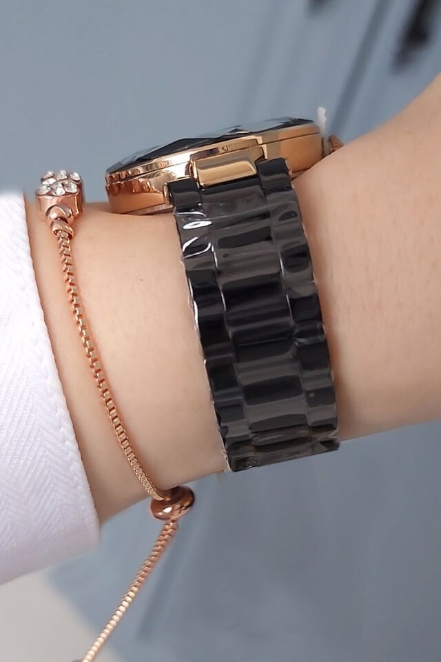 Kesme Camlı Çelik Bilezik Siyah/Rose Gold Kadın Kol Saati - Zirkon Taşlı Bileklik Hediyeli