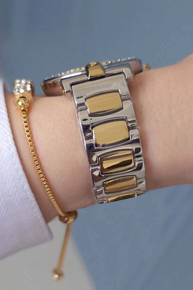 Yeni Model Çelik Bilezik Taşlı Altın/Metalik Kadın Kol Saati - Zirkon Taşlı Bileklik Hediyeli