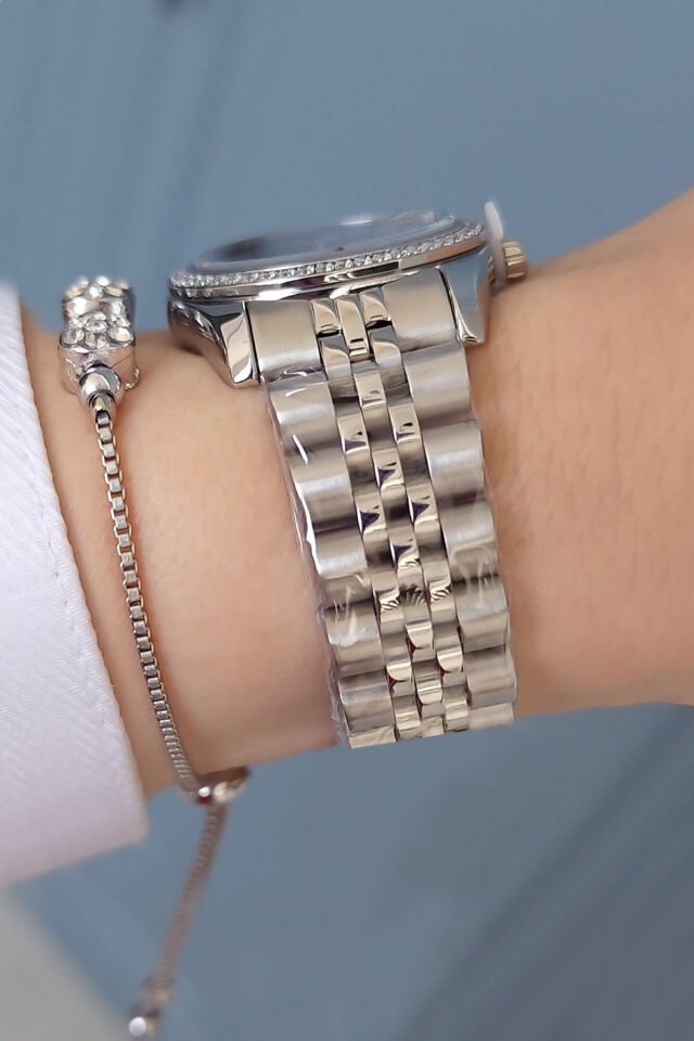 Yeşil Kadran Takvimli, Taşlı, Metalik Çelik Bilezik Kadın Kol Saati - Zirkon Taşlı Bileklik Hediyeli