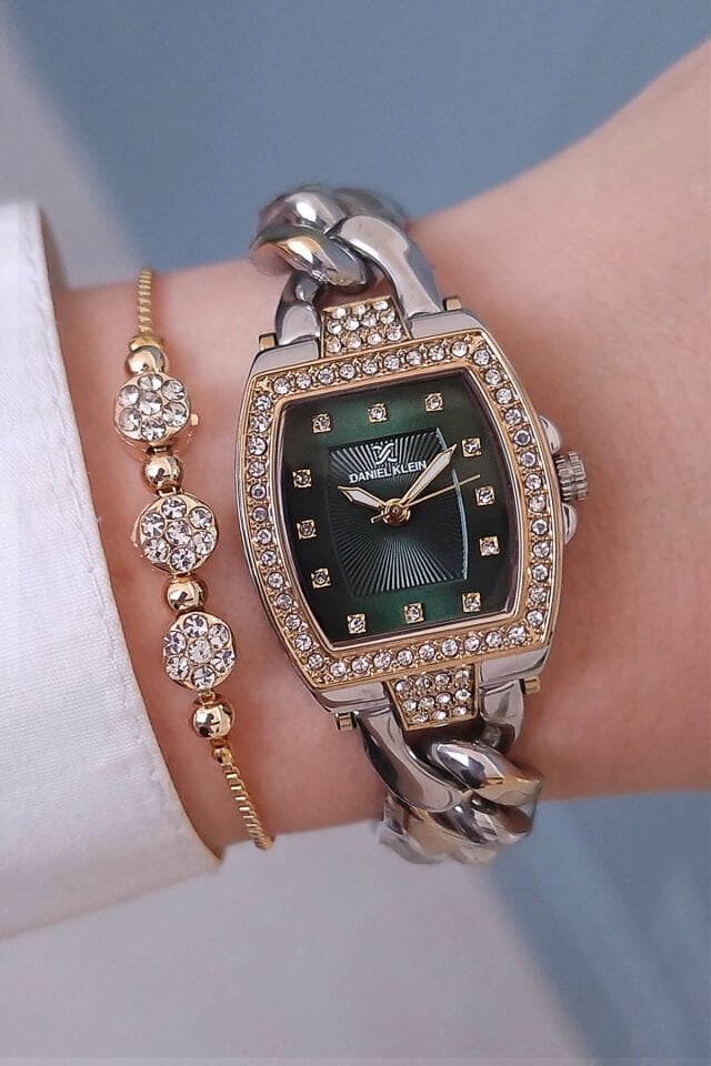 Zincirli, Altın/Metalik Yeşil Kadranlı Taşlı Kadın Kol Saati, Taşlı Bileklik Hediyeli