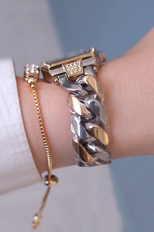 Zincirli, Altın/Metalik Yeşil Kadranlı Taşlı Kadın Kol Saati, Taşlı Bileklik Hediyeli