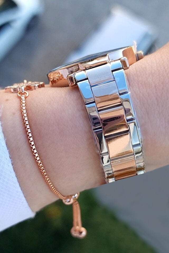 Kesme Camlı 33 mm Rose Gold/Metalik Şık Kadın Kol Saati, Zirkon Taşlı Bileklik Hediyeli
