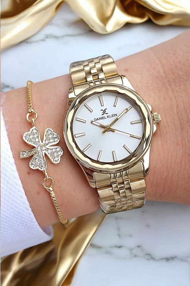 Kesme Camlı 29 mm Altın Sarısı Şık Kadın Kol Saati, Taşlı Bileklik Hediyeli