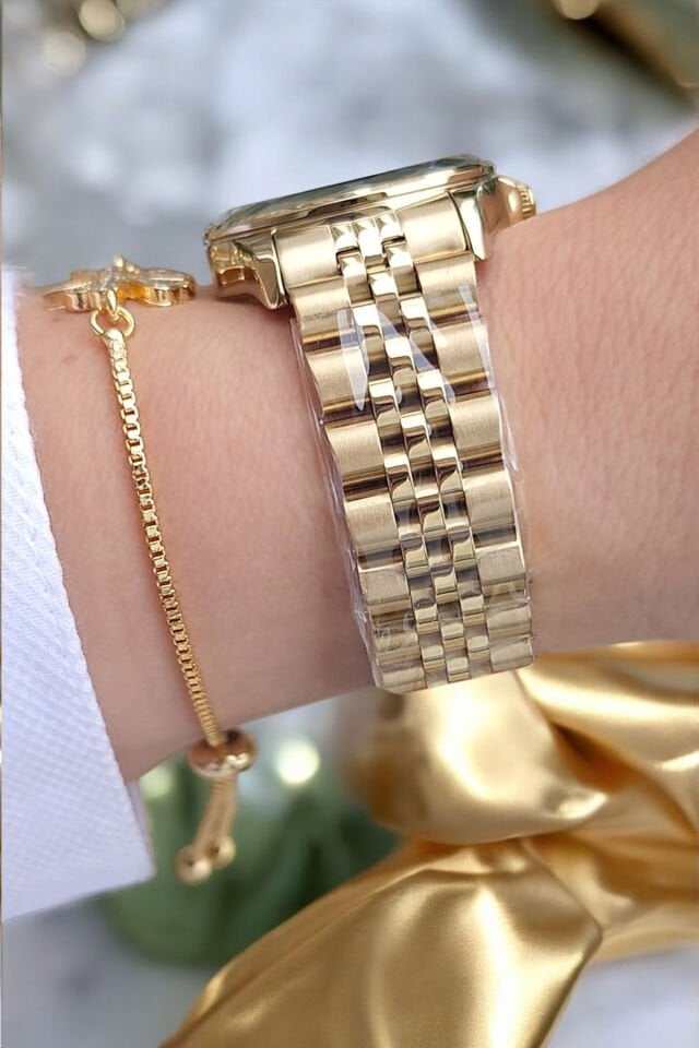 Kesme Camlı 29 mm Altın Sarısı Şık Kadın Kol Saati, Taşlı Bileklik Hediyeli