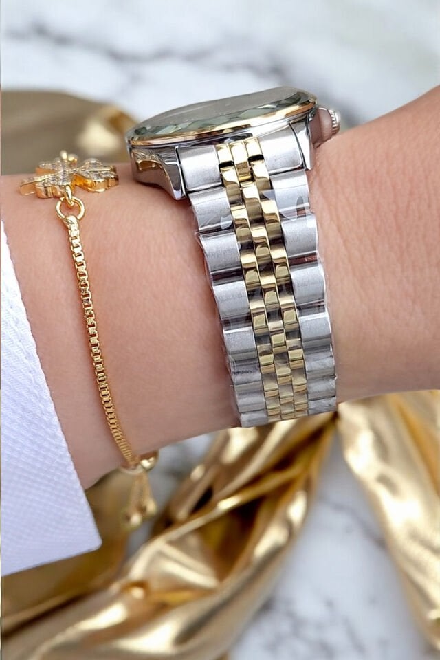 Kesme Camlı 29 mm Altın/Metalik Şık Kadın Kol Saati, Taşlı Bileklik Hediyeli