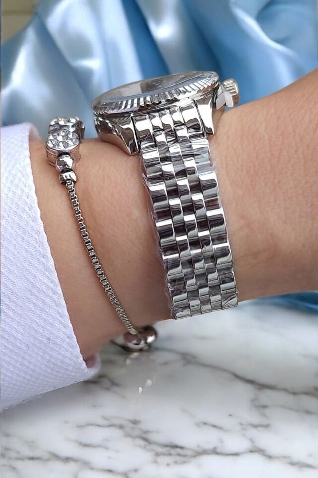 27 mm Mini Kasa Açık Mavi Kadranlı Metalik Şık Kadın Kol Saati, Taşlı Bileklik Hediyeli