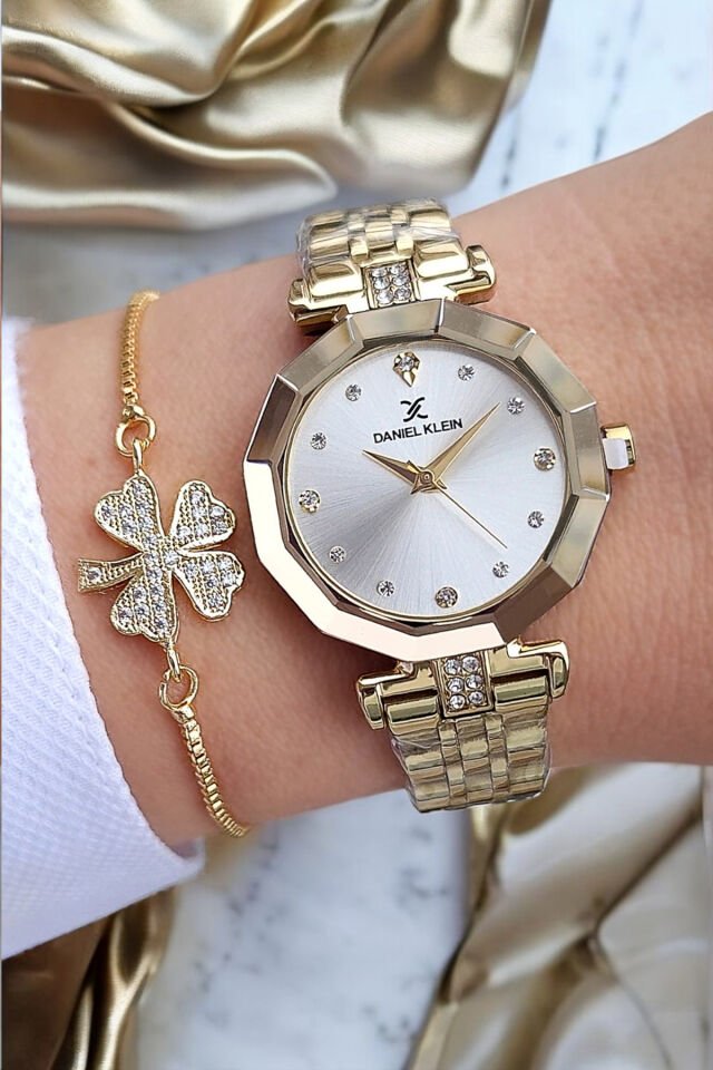 Yeni Model Kesme Camlı Taşlı 3 ATM Su Geçirmez Altın Sarısı Kadın Kol Saati, Taşlı Bileklik Hediye