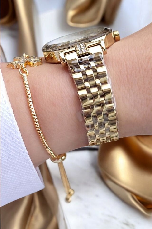 Yeni Model Kesme Camlı Taşlı 3 ATM Su Geçirmez Altın Sarısı Kadın Kol Saati, Taşlı Bileklik Hediye