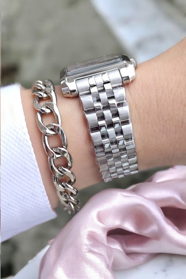 Yeni Model Kare Kasa Zincirli 3 ATM Su Geçirmez Pembe Kadran Kadın Kol Saati, Zincir Bileklik Hediye