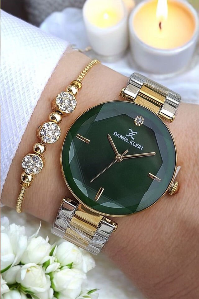 Kesme Camlı Çelik Bilezik Altın/Metalik Yeşil Kadran Kadın Kol Saati - Zirkon Taşlı Bileklik Hediye