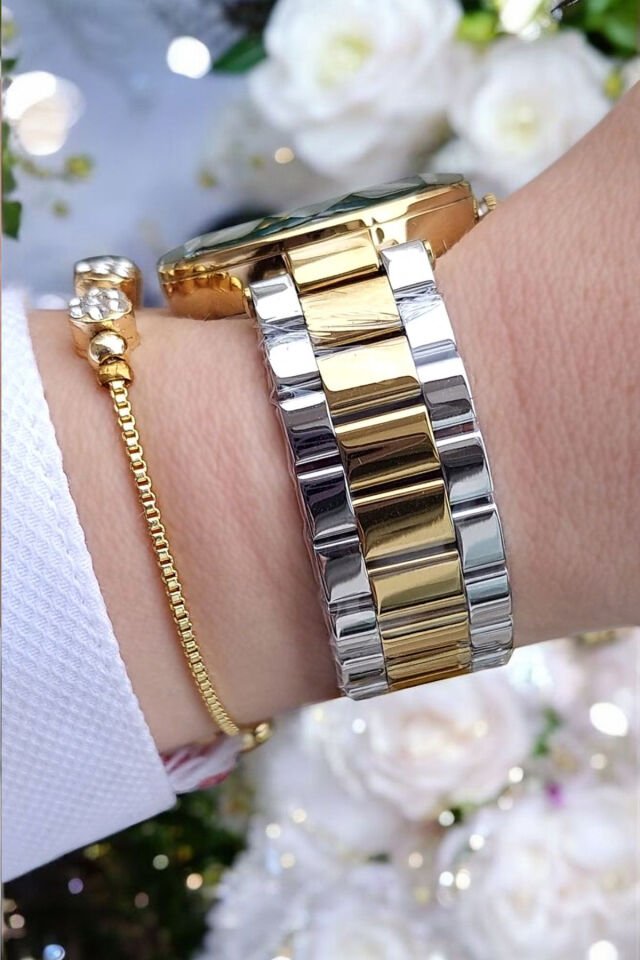 Kesme Camlı Çelik Bilezik Altın/Metalik Yeşil Kadran Kadın Kol Saati - Zirkon Taşlı Bileklik Hediye