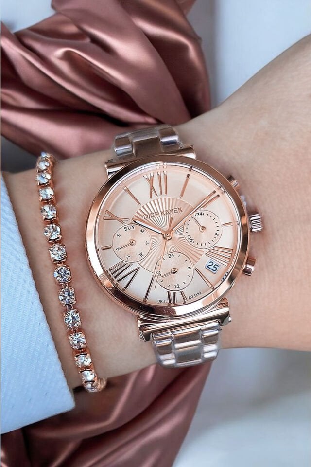 Tüm Fonksiyonları Aktif Takvimli 5 ATM Su Geçirmez Rose Gold Çelik Kadın Kol Saati Bileklik Hediyeli
