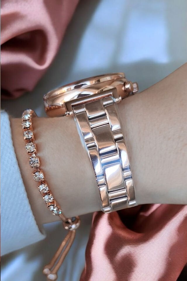 Tüm Fonksiyonları Aktif Takvimli 5 ATM Su Geçirmez Rose Gold Çelik Kadın Kol Saati Bileklik Hediyeli